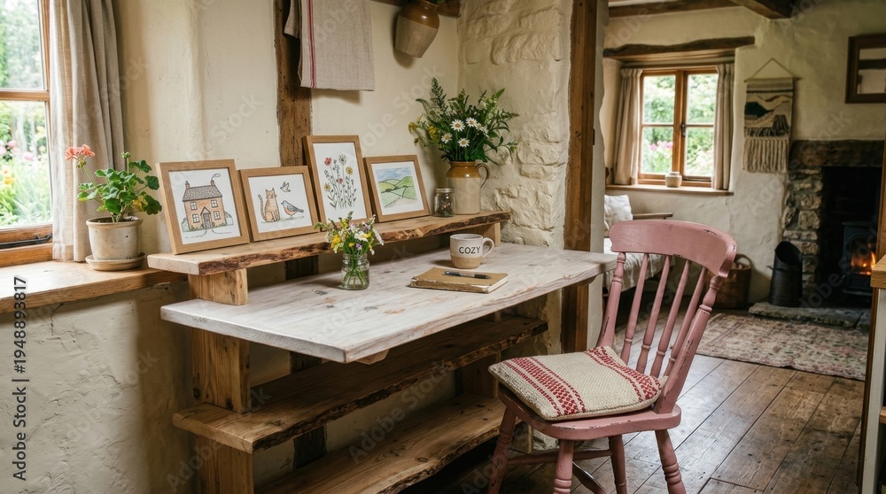 Fototapeta premium Cozy Rustic Cottage Interior with Wooden Table and Floral Art