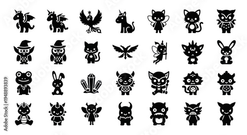 Cute Fantasy  Mythical Creature Glyph Icons Set