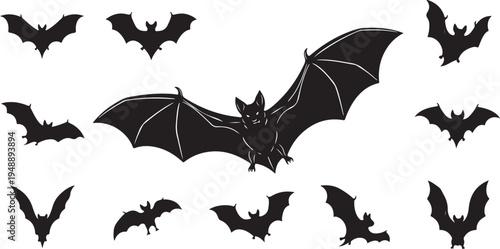 Black Bats Flying in the Air Silhouette Illustration Set