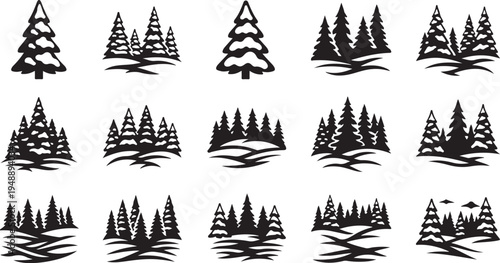 Black Silhouette Forest Trees Vector Graphic Illustration Set