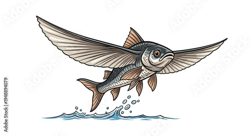 Dynamic flying fish leaping gracefully out of ocean water, with its large pectoral fins extended like wings, showcasing incredible aerial glide.