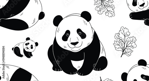 Seamless pattern, featuring adorable black and white panda bears and delicate bamboo leaves, exuding a playful and charming nature theme.