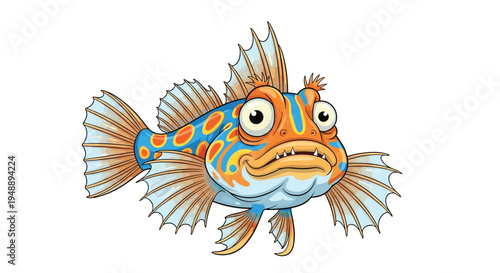 Fantastically colorful dragonet fish, displaying vibrant orange and blue patterns, large bulging eyes, and spiky fins, swimming playfully.