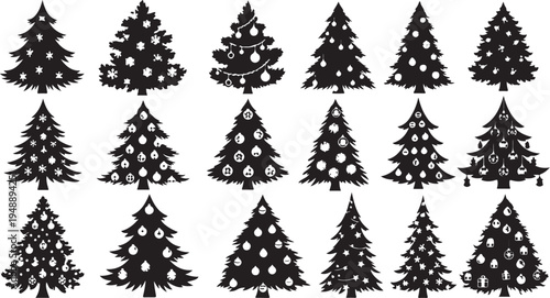 Black and white Christmas tree silhouettes with ornaments