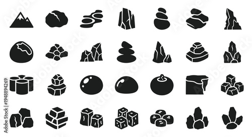 Nature Geology Solid Glyph Icons: Collection of Various Rocks, Stones, Minerals, and Mountains