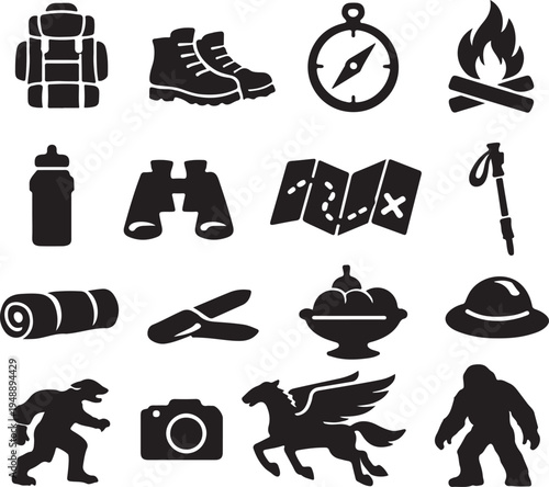 Hiker's essential gear icon set with camping and trekking equipment. Editable outdoor adventure vector icons.