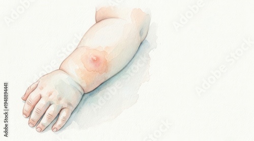 Watercolor illustration of an infant's arm with an inflamed mosquito bite or insect sting. Concept for pediatric dermatology, skin allergy, and childhood medical care. Artistic drawing with copy space