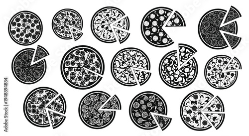 Pizza Silhouette Collection Set with Whole and Sliced Pepperoni Italian Pizzas