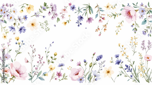 Watercolor flowers and leaves forming soft decorative stripes across a white canvas