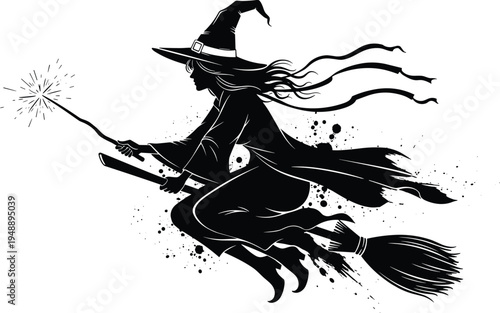 Flying witch silhouette on broom with magic wand halloween fantasy spooky character vector illustration isolated
