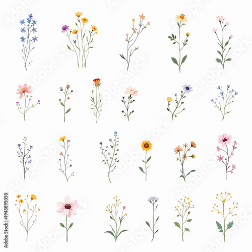 Pastel floral lines with delicate blossoms and scattered leaves in a refined composition