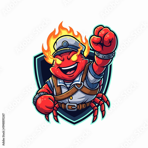 Fiery cartoon crab mascot in captain outfit raising fist