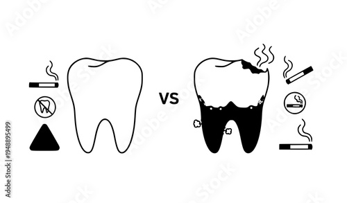 Cigarette smoking damage to teeth comparison healthy vs unhealthy dental vector
