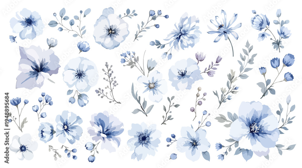 Fototapeta premium Watercolor floral garlands with tiny blossoms and leaves forming delicate horizontal stripes