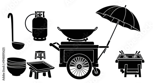 Black and white food cart vector with wok, gas tank, bowls, and umbrella