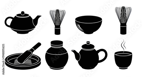 Japanese Tea Ceremony Utensils Black Silhouette Icons
