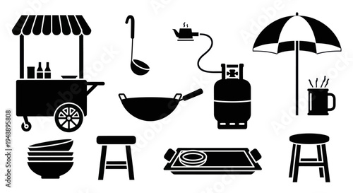 Street Food Stall Icon Set - Black and White Vector Graphics
