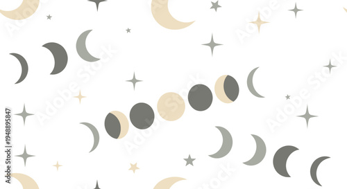 Celestial Moon Phases and Stars Seamless Pattern - Astronomy, Space, Mystical Art