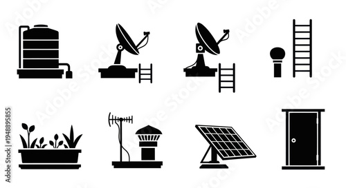 Black Glyph Icons Set for Residential Building, Rooftop, Garden  Communication Elements