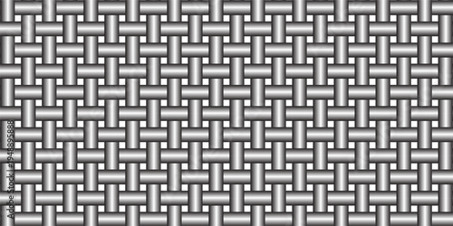 Seamless metallic woven pattern, silver steel rods interlaced in a basket weave grid, 3D shading, industrial texture, repeating pattern