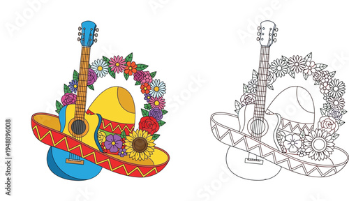 Cinco de Mayo Fiesta Illustration: Mexican Sombrero, Guitar & Floral Wreath in Full Color and Black & White Outline for Coloring Book Page