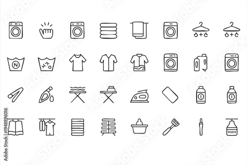 Laundromat And Laundry Service Icon Set Featuring Washing Machines Clothes And Cleaning Tools
