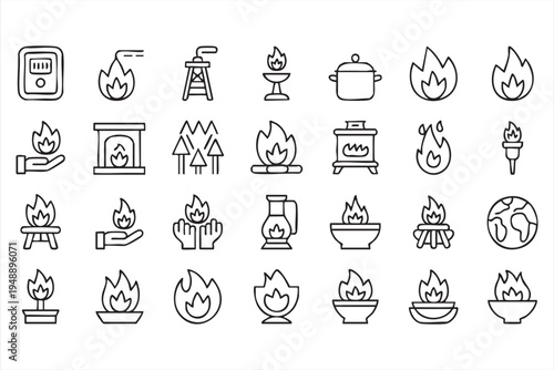 Fire And Thermal Energy Icon Collection With Flame Burners And Heating Symbols
