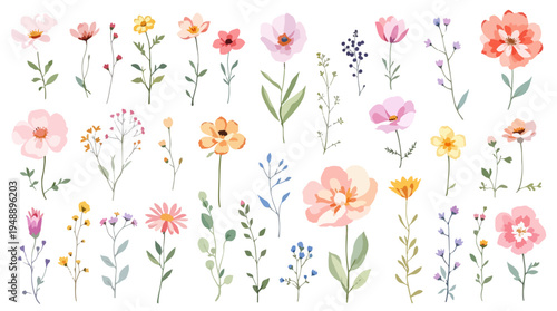 Gentle watercolor flowers forming seamless romantic garlands across a clean white background