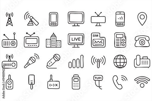 Communication And Broadcast Technology Outline Icons Featuring Radio Tower Satellite TV And Phone
