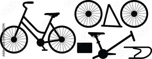 Black and white of a bicycle and its components including wheels, frame, and gears