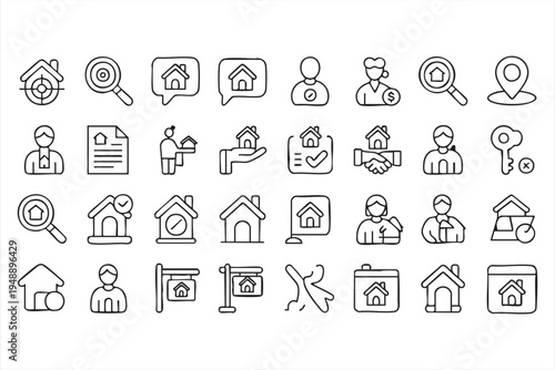 Real Estate And Housing Line Icons With Property Listing House Key And Agent Symbols
