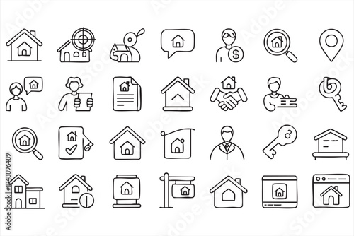 Real Estate And Property Outline Icons Featuring House Search Mortgage Agent And Home Sale
