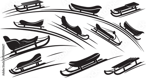 Sleds Racing Down a Snowy Hill in Motion