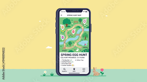Spring Egg Hunt Mobile App Interface Vector Illustration with Map, Rabbit, and Flowers on Yellow Background for Holiday Event Promotion