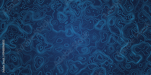 Abstract blue topographic contour lines pattern, dark blue background, glowing cyan lines, modern digital map style. Eps10