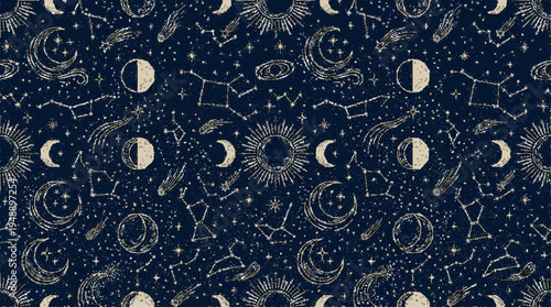 Seamless celestial pattern with moon phases stars constellations and mystical symbols on a dark background for design