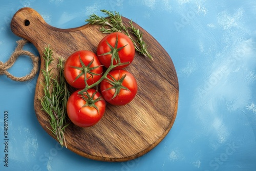 Four ripe tomatoes with rosemary sprigs on a rustic wood cutting board, on blue background