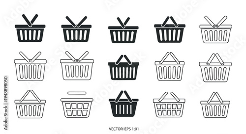Minimalist flat vector illustration set of shopping basket icons arranged in a grid layout.