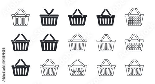 Minimalist flat vector illustration set of shopping basket icons arranged in a grid layout.