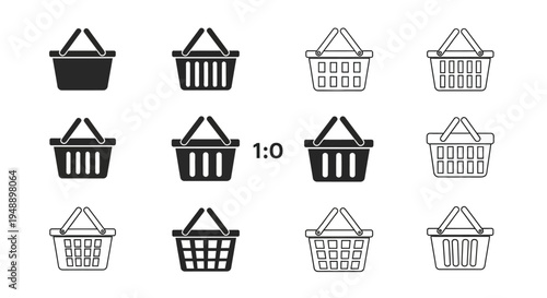 Minimalist flat vector illustration set of shopping basket icons arranged in a grid layout.