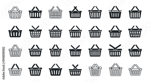 Minimalist flat vector illustration set of shopping basket icons arranged in a grid layout.