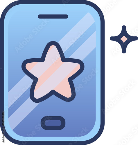 Cute blue smartphone icon with star rating and sparkle