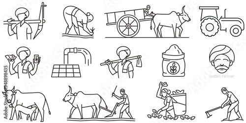 Indian Agriculture Icon Set, Farming Tools, Crops and Farm Elements Vector Illustration