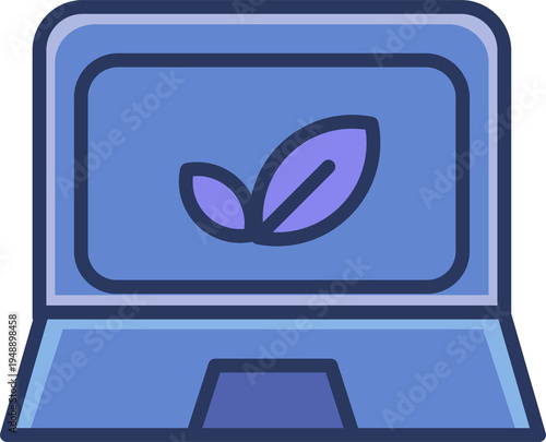 Cute blue laptop icon with purple leaves