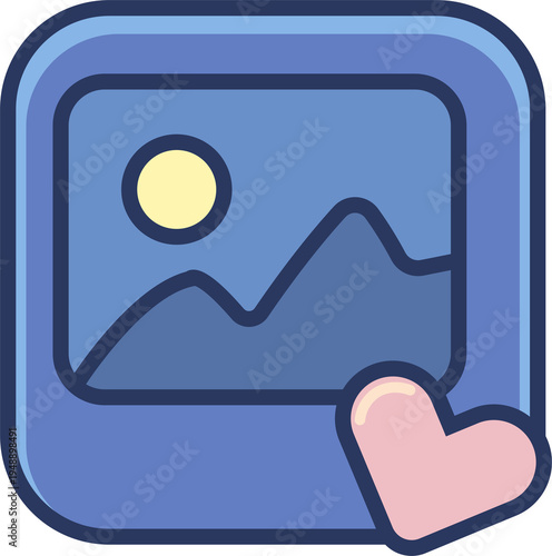 Aesthetic blue photo gallery icon with mountain landscape and cute pink heart