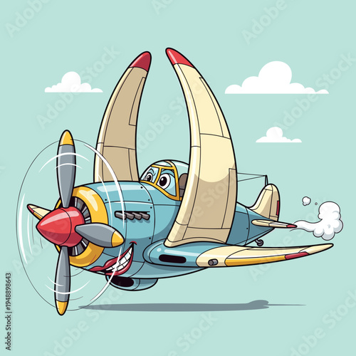 Funny Cartoon Character Flying a Biplane Aircraft