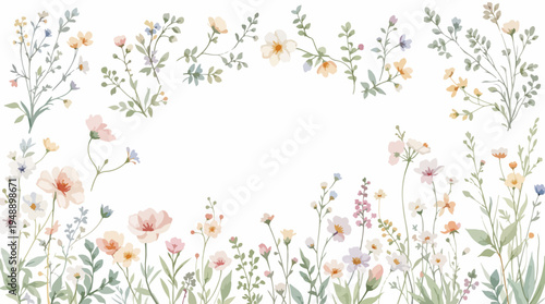 Hand drawn botanical garlands with watercolor flowers and foliage creating romantic decorative frames.