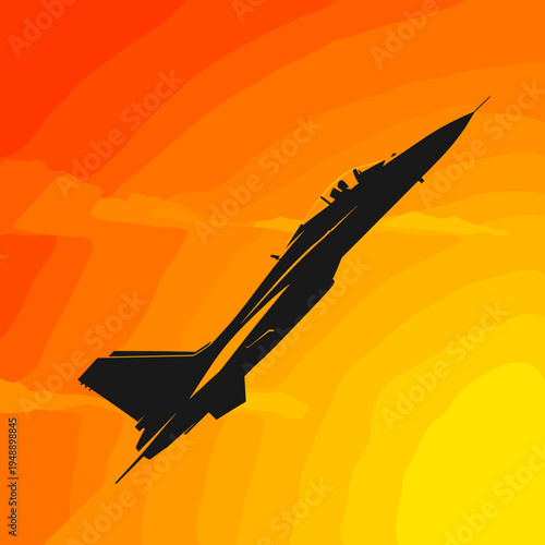 Fighter Jet Silhouette Climbing Against Bright Orange Sunset