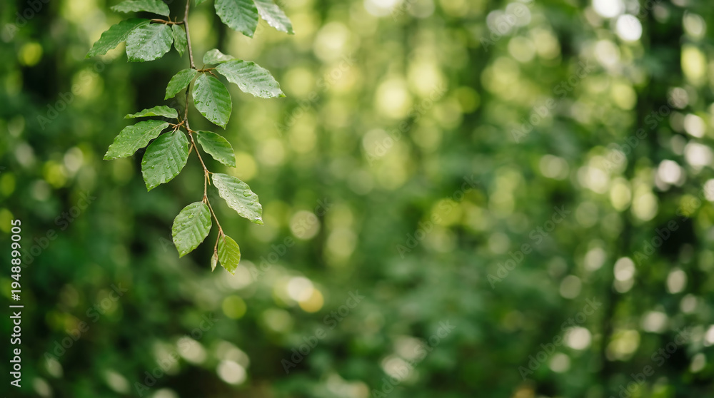 Obraz premium Peaceful forest background with soft focus leaves hanging over tranquil nature trail setting