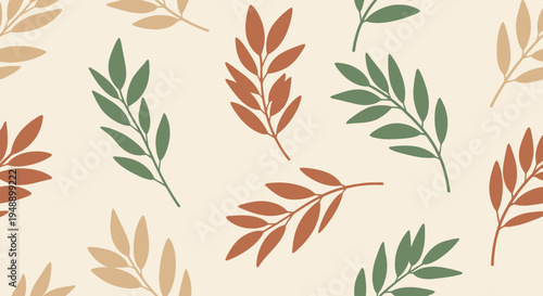 Boho Autumn Leaves Pattern, Green, Orange, Beige - Flat Design Vector